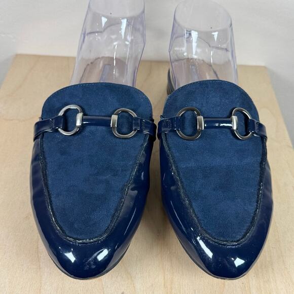 TAHARI Frenchie Vegan Blue Suede Patent Leather Slip on Mule Loafers Academia 9 - Picture 3 of 10